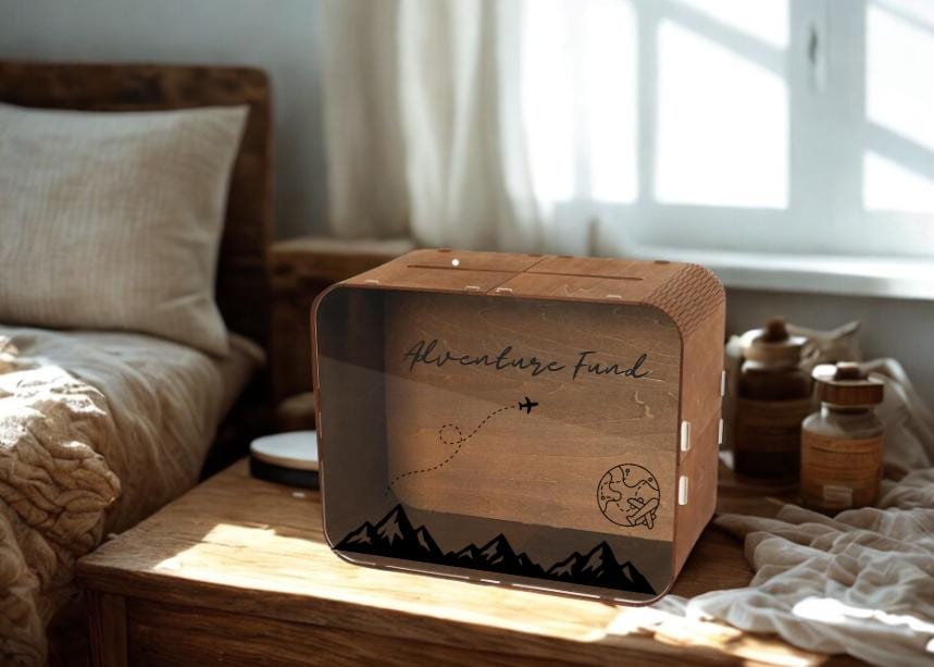 Adventure Fund Savings Box – Wooden Travel Fund, Vacation Money Bank, Mountain Design, Wanderlust Gift